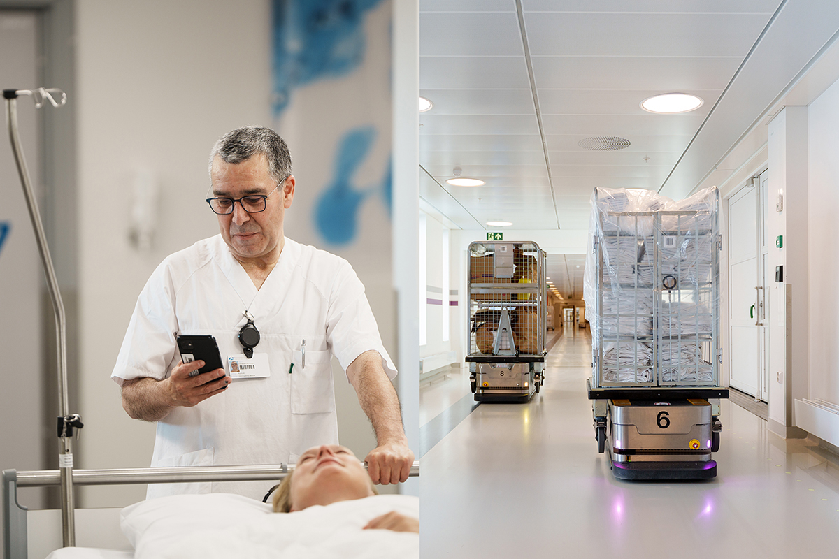 Coordinated patient transport and automated hospital logistics supported by digital task management technology.