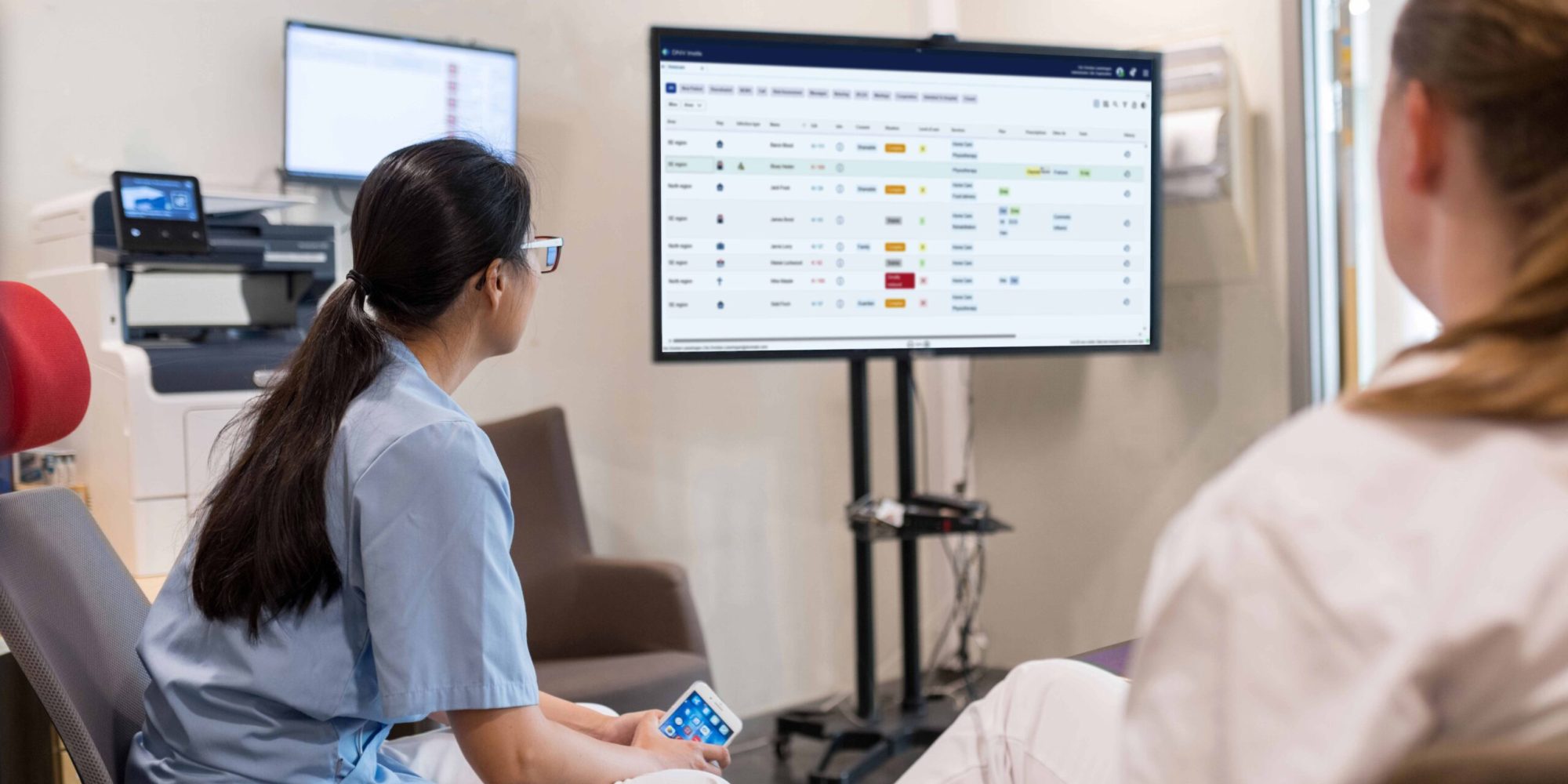Two employees in a healthcare organisation looking at a digital whiteboard for collaboration. The board shows the patients on the ward.